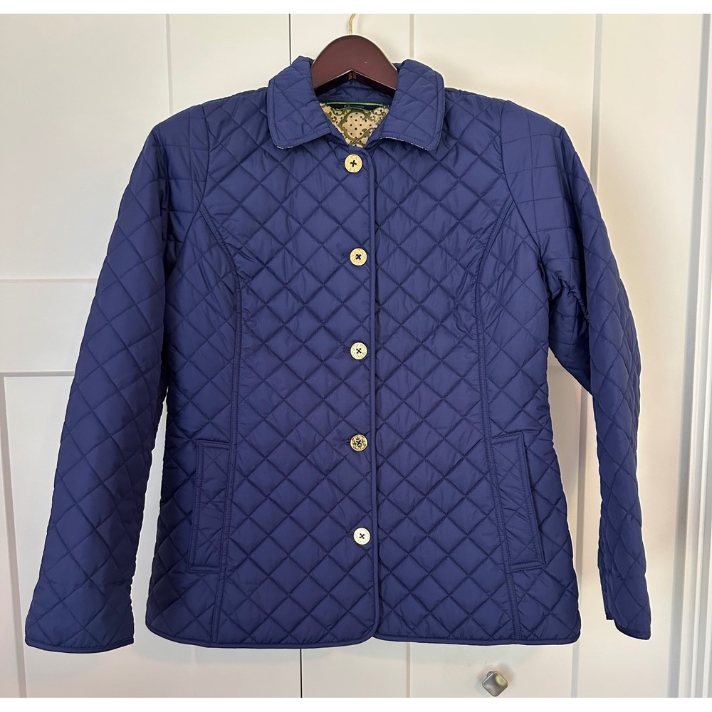 C. Wonder Womens Navy Blue Quilted Barn Jacket Gold Buttons Patterned Lining M